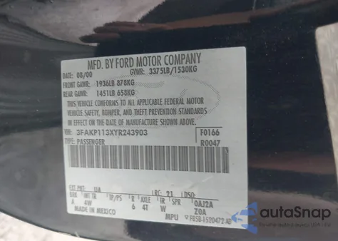 2000 Ford Escort Zx2 z USA, uszkodzony, nr VIN 3FAKP113XYR243903